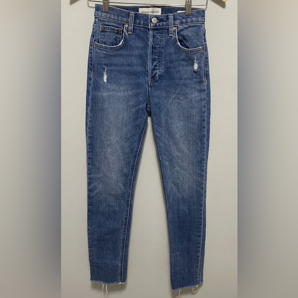 Denim Forum Jeans Womens 24 (24x27) Blue Yoko High Rise Slim Raw Hem Button Fly